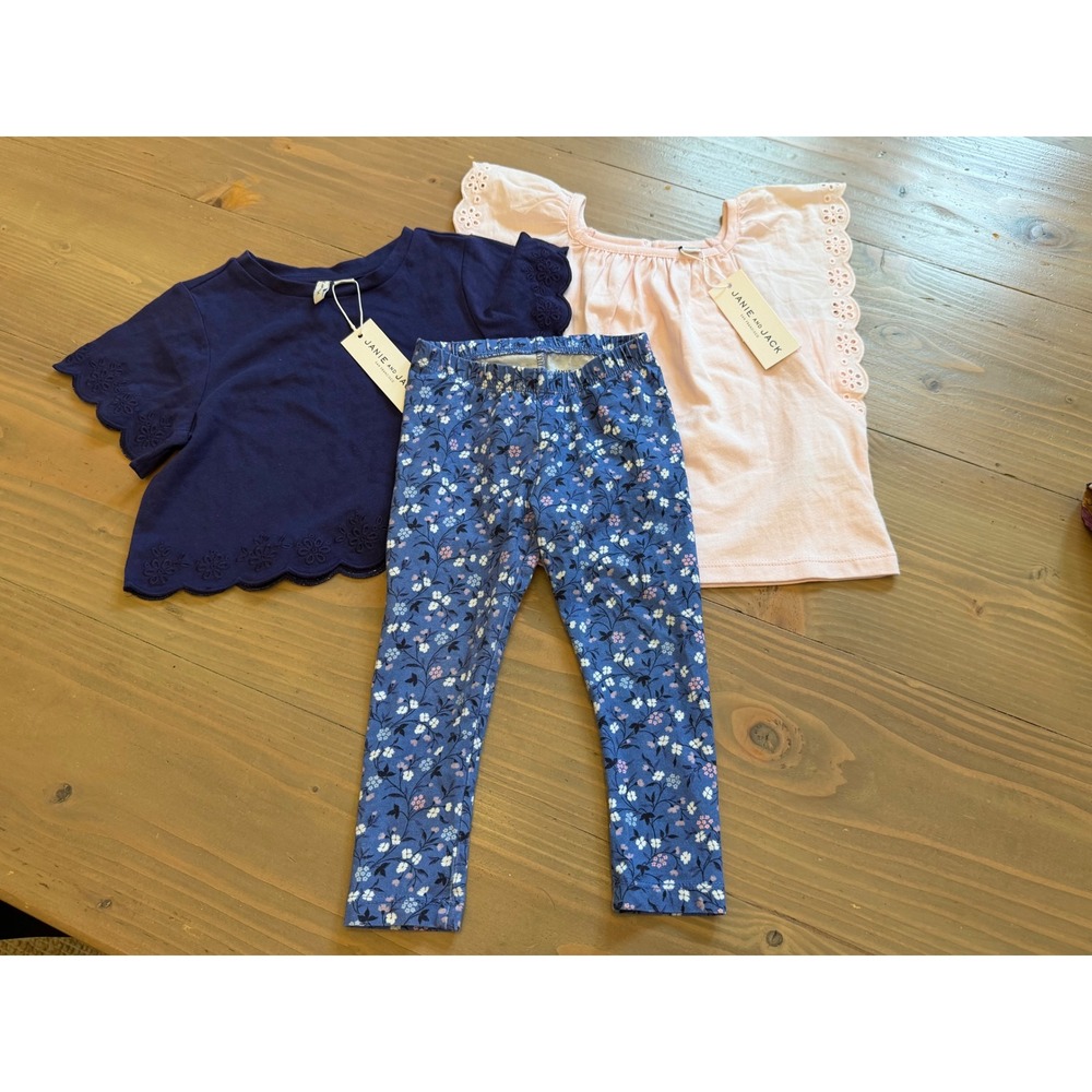 Kk40 Janie and Jack Toddler Girls 3pc Set Navy Pink Eyelet Tops 2T Floral 18 24